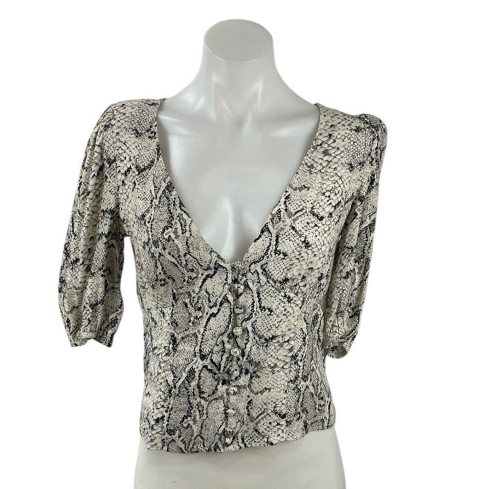 Reformation Eliana Snakeskin Animal Print V Neck 3/4 Sleeve Crop Blouse Top Sz S
